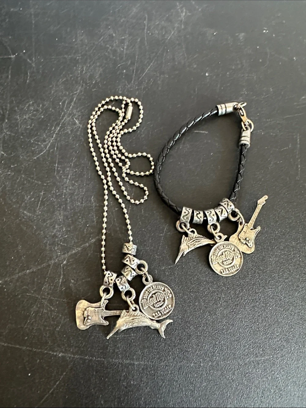 Hard Rock Cafe Las Vegas Black Braided Leather Charm Bracelet/Necklace Set
